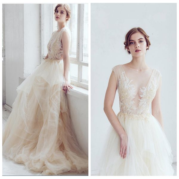 luxury sheer straps ruffled a line wedding dress see through champagne wedding dresses lace applique and beading vestidos de novia, White
luxury sheer straps ruffled a line wedding dress see through champagne wedding dresses lace applique and beading vestidos de novia, White