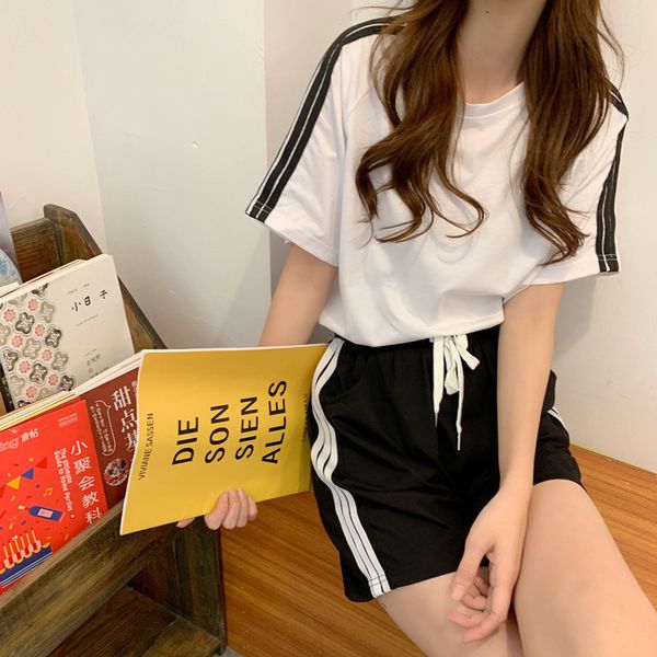 high with cotton 2020 summer sports women's suit summer fashion loose short sleeve shorts jogging suits casual two-piece set, White;red
high with cotton 2020 summer sports women's suit summer fashion loose short sleeve shorts jogging suits casual two-piece set, White;red