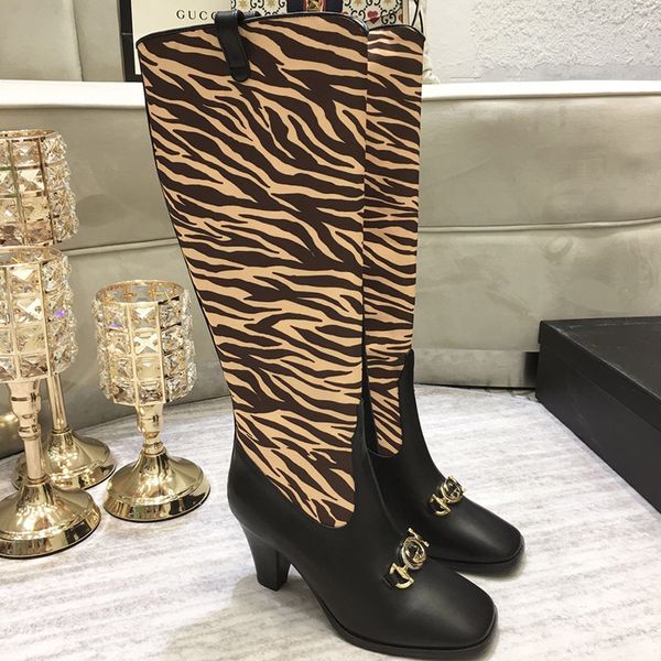 2019 autumn and winter european station vintage boots high-heeled women's boots side zipper colorblock stripe matching with ms. knight, Black
2019 autumn and winter european station vintage boots high-heeled women's boots side zipper colorblock stripe matching with ms. knight, Black