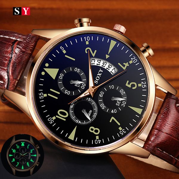 soxy men's watches classic gold calendar mens leather watch relogio masculino quartz wristwatch luminous popular saati hours, Slivery;brown
soxy men's watches classic gold calendar mens leather watch relogio masculino quartz wristwatch luminous popular saati hours, Slivery;brown
