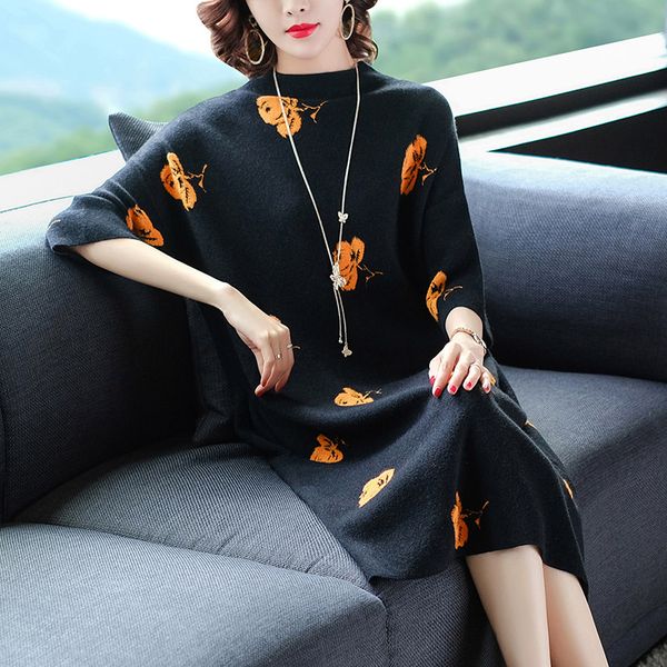 fall winter womens female stand collar 3/4 batwingsleeve floral knitted black long sweater dress , women loose knitting dresses, White;black
fall winter womens female stand collar 3/4 batwingsleeve floral knitted black long sweater dress , women loose knitting dresses, White;black