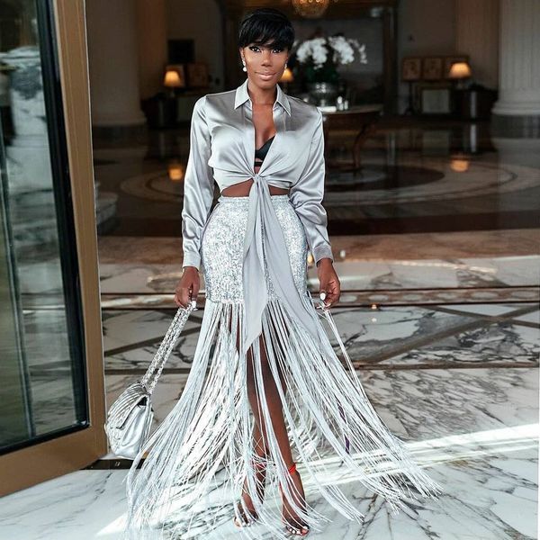 women sequins silver tassel skirts long elegant skirt pencil high waist skirt, Black
women sequins silver tassel skirts long elegant skirt pencil high waist skirt, Black