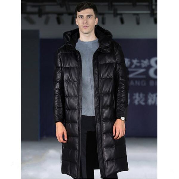 men genuinne leather jacket man sheepskin coat white duck down coat long style, Black