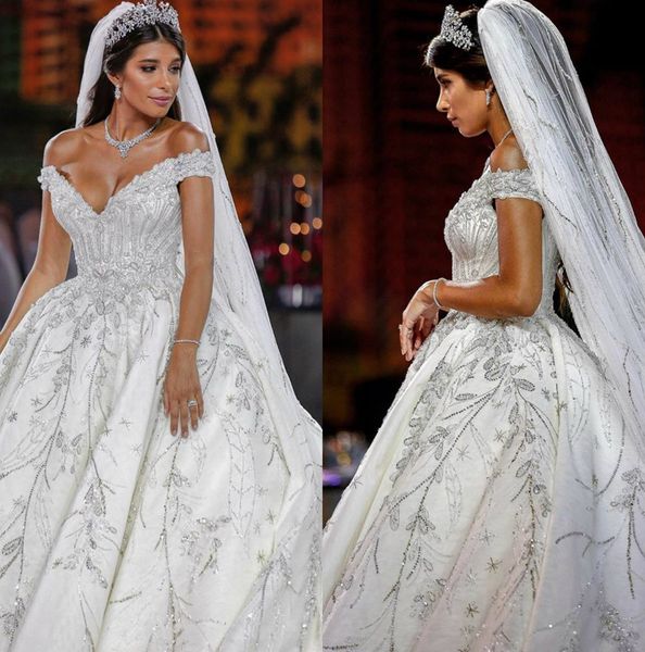 modest ball gown wedding gowns off shoulder short sleeve tulle satin crystal wedding dresses sweep train bridal gowns, White
modest ball gown wedding gowns off shoulder short sleeve tulle satin crystal wedding dresses sweep train bridal gowns, White