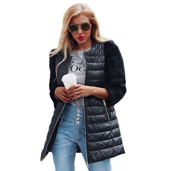 women faux fur pu long coat jacket 3/4 sleeves zip front plus size abrigo mujer side pockets casual down jacket overcoat outwear, Black
women faux fur pu long coat jacket 3/4 sleeves zip front plus size abrigo mujer side pockets casual down jacket overcoat outwear, Black