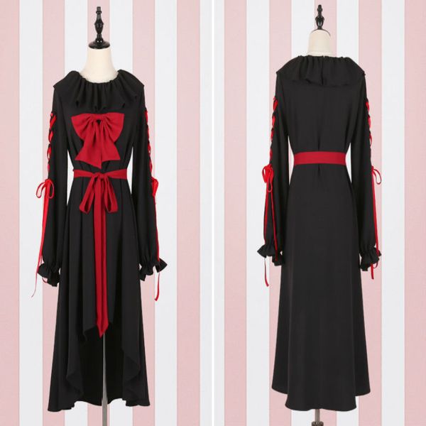 japan women lolita dress black full sleeve lolita dress ruffle puppet doll dark girl bow tie, Black;red