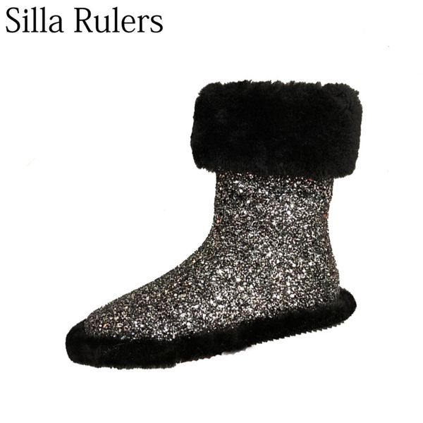 

silla rulers new winter bling plush flat with mid-calf boots women round toe slip on snow boots woman winter for woman, Black