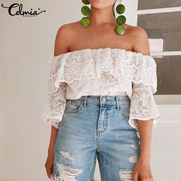 celmia casual loose ruffles shirts summer see-through white lace blouses women off shoulder short sleeve hollow blusas
celmia casual loose ruffles shirts summer see-through white lace blouses women off shoulder short sleeve hollow blusas