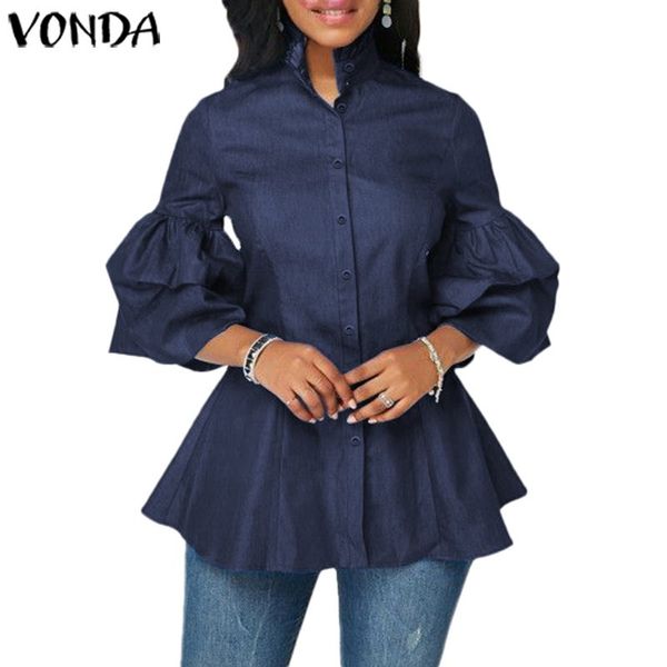 women's blouses & shirts women 2021 vonda casual long sleeve pleated loose stand collar button up denim bohemian blusas femininas, White
women's blouses & shirts women 2021 vonda casual long sleeve pleated loose stand collar button up denim bohemian blusas femininas, White