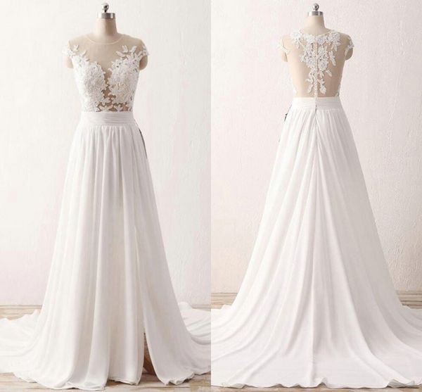 2019 fashion chiffon beach wedding dresses sheer cap sleeve see though side split lace applique bridal gowns party for bride country, White
2019 fashion chiffon beach wedding dresses sheer cap sleeve see though side split lace applique bridal gowns party for bride country, White