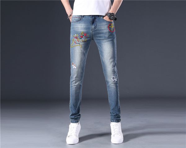 2020 summer autumn men's patchwork jeans mouse embroidered chinese style slim elastic male pants personality denim trousers, Blue
2020 summer autumn men's patchwork jeans mouse embroidered chinese style slim elastic male pants personality denim trousers, Blue