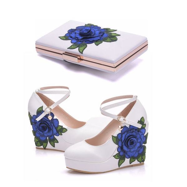 crystal queen blue lace flower bride wedge shoes high heel wedding dress shoes with matching bag wedges pumps with purse, Black
crystal queen blue lace flower bride wedge shoes high heel wedding dress shoes with matching bag wedges pumps with purse, Black