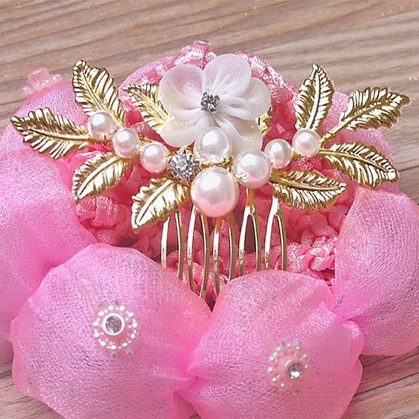 exquisite handmade alloy leaf & pearl hair fork bridal headdress6