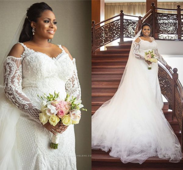 luxury long sleevs jewel neck mermaid wedding dress plus size lace appliqued african bridal gown, White
luxury long sleevs jewel neck mermaid wedding dress plus size lace appliqued african bridal gown, White