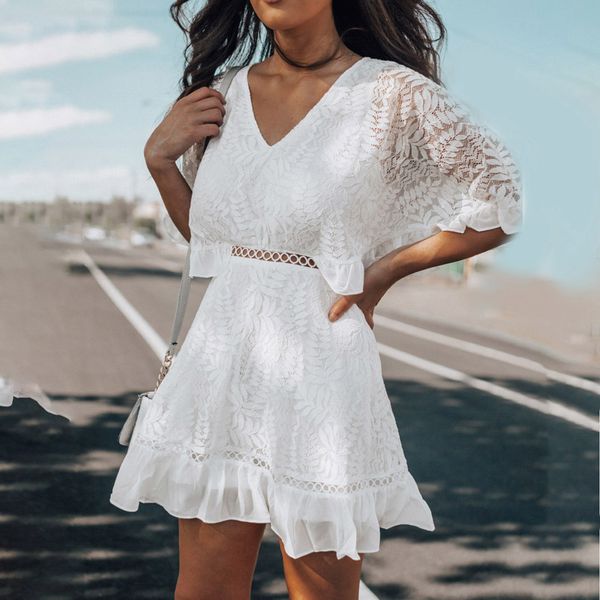 women's white v-neck lace half sleeve hollow out holiday short dress, Black;gray
women's white v-neck lace half sleeve hollow out holiday short dress, Black;gray