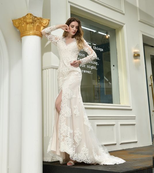 m47394 delicate v-neck ivory long sleeve wedding dresses with champagne lining sheath wedding dresses slit sheer back voiles de mariage, White
m47394 delicate v-neck ivory long sleeve wedding dresses with champagne lining sheath wedding dresses slit sheer back voiles de mariage, White
