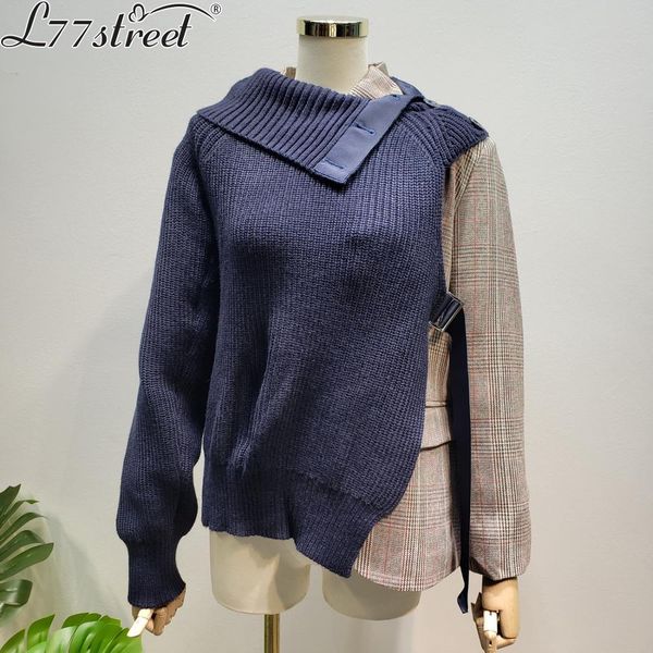 l77street british plaid suit splicing high neck asymmetrical sweater fake two knit sweater top, White;black
l77street british plaid suit splicing high neck asymmetrical sweater fake two knit sweater top, White;black