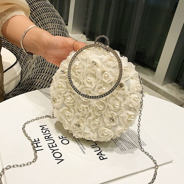 

metal rng tote bag elegant female round bag 2019 new quality women's handbag diamond pearl flower chain shoulder messenger
