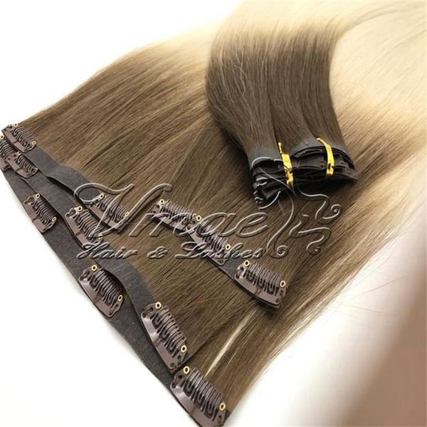 

brazilian pu wefts seamless clip in 120g blonde double drawn omber straight cuticle aligned virgin human natural color brown hair extensions, Black