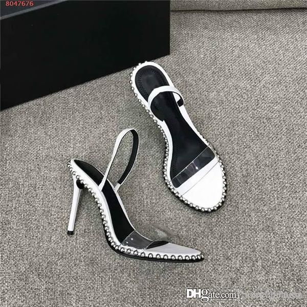 2020 female rivet leather pvc slingback sandals flip-flops with monochrome drill stiletto heels,heel-height 9.5 cm matching packing, Black
2020 female rivet leather pvc slingback sandals flip-flops with monochrome drill stiletto heels,heel-height 9.5 cm matching packing, Black