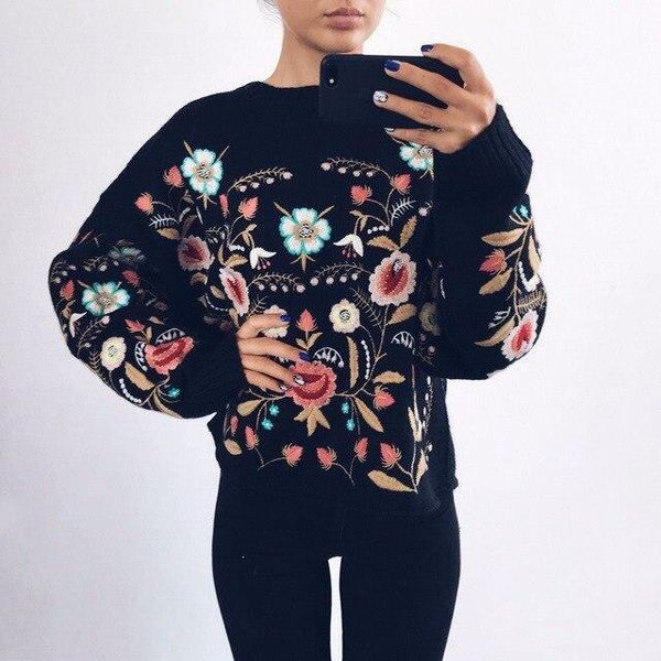 thick floral embroidery knitted sweater casual women vintage long sleeve loose sweater pullover, White;black
thick floral embroidery knitted sweater casual women vintage long sleeve loose sweater pullover, White;black