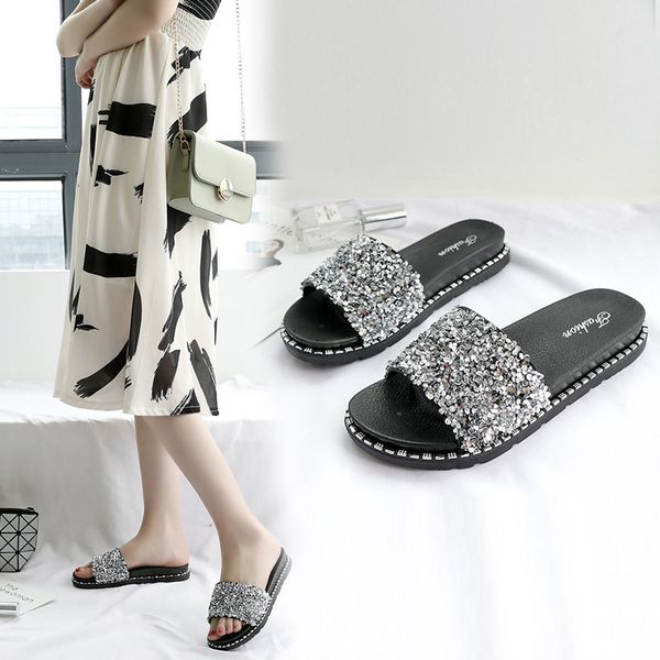 fashion women's sandals and slippers 2020 new women summer wear wild sequins ladies sandals thick bottom beach women's shoes, Black
fashion women's sandals and slippers 2020 new women summer wear wild sequins ladies sandals thick bottom beach women's shoes, Black
