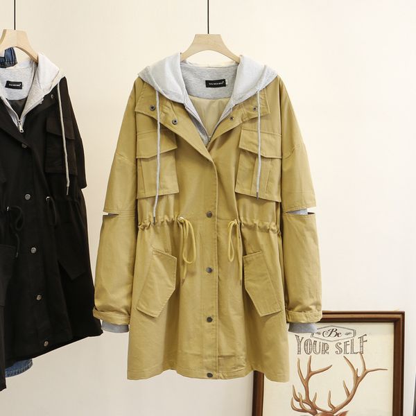 big yards han edition fat mm spring new fashion fake two hooded windbreaker coat plus-size women's 7626, Tan;black
big yards han edition fat mm spring new fashion fake two hooded windbreaker coat plus-size women's 7626, Tan;black