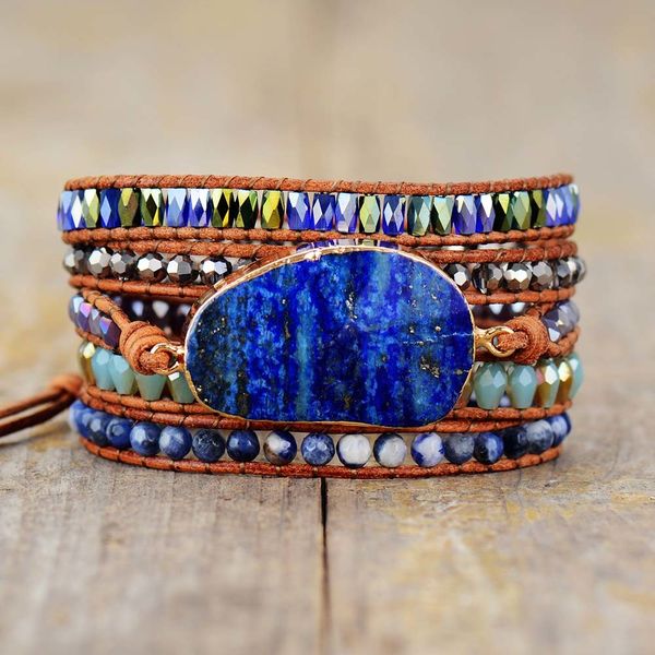 exclusive wrap bracelets with natural stones lapis lazuli leather strap woven beads bracelets jewelry femme dropshipping, Golden;silver