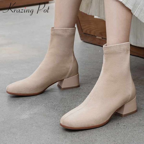 krazing pot classic basic cow leather flock stretch boots concise style solid square toe med heels women warm ankle boots l89, Black
krazing pot classic basic cow leather flock stretch boots concise style solid square toe med heels women warm ankle boots l89, Black