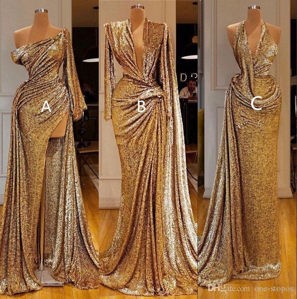 gold reflective mermaid prom dresses deep v neck high side split one shoulder long sleeves formal dress evening wear pageant gown, Black
gold reflective mermaid prom dresses deep v neck high side split one shoulder long sleeves formal dress evening wear pageant gown, Black