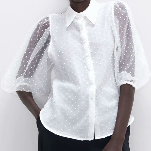 deat 2020 spring half mesh puff sleeve turn down collar white polka dot transparent women shirt mh814
deat 2020 spring half mesh puff sleeve turn down collar white polka dot transparent women shirt mh814