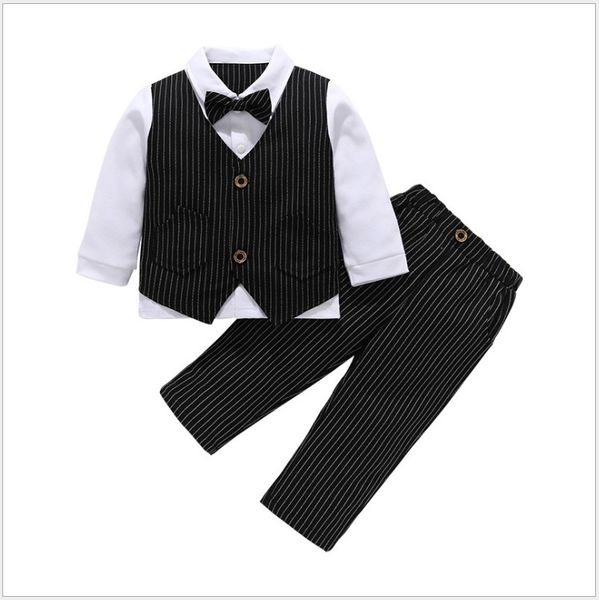 

Gentleman Style 2020 New Baby Boys Clothing Sets Handsome Boy Striped Suit Tops with Bowtie+pants 2pcs Set Kids Outfits Children Sets, Gray
