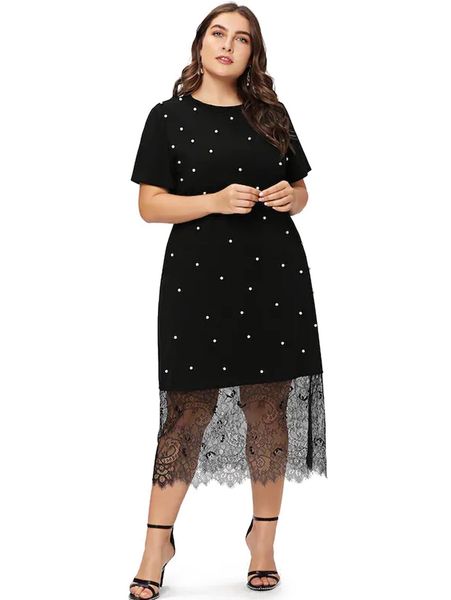 fashion plus size beaded lace splice t-shirt dress o neck short sleeves a line sheath dresses causal party dress vestidos, Black;gray
fashion plus size beaded lace splice t-shirt dress o neck short sleeves a line sheath dresses causal party dress vestidos, Black;gray