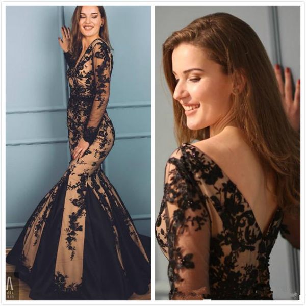 black lace illusion 2019 evening dresses deep v-neck long sleeves mermaid prom dresses formal party bridesmaid pageant gowns, Black;red
black lace illusion 2019 evening dresses deep v-neck long sleeves mermaid prom dresses formal party bridesmaid pageant gowns, Black;red