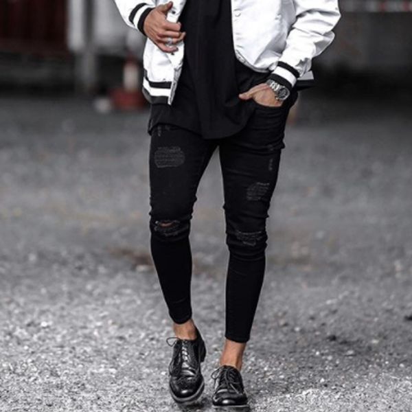 mens cool designer brand black jeans skinny ripped destroyed stretch slim fit hop hop pants with holes for men, Blue
mens cool designer brand black jeans skinny ripped destroyed stretch slim fit hop hop pants with holes for men, Blue