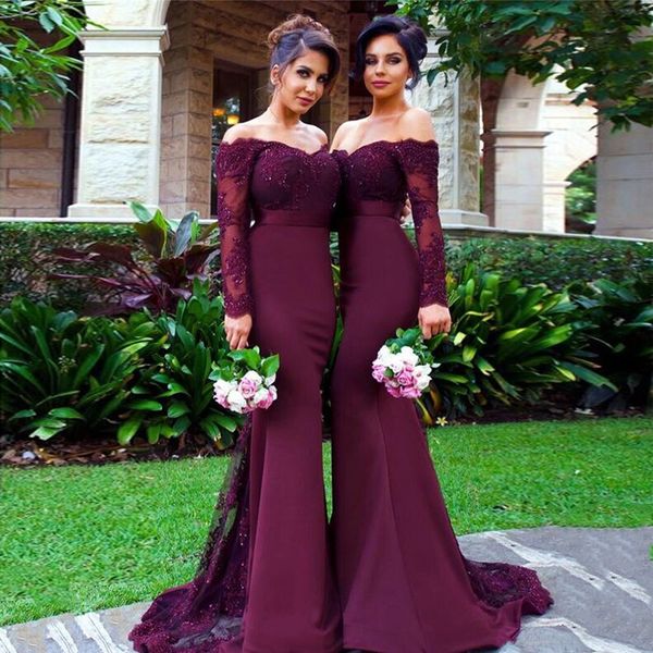 long sleeves mermaid bridesmaid dresses with lace appliques burgundy wedding guest dress sweep train prom gowns, White;pink
long sleeves mermaid bridesmaid dresses with lace appliques burgundy wedding guest dress sweep train prom gowns, White;pink