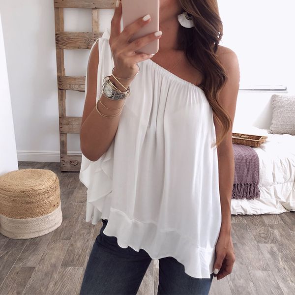 fashion women one shoulder blouse summer sleeveless pleated shirts loose blusas plus size chiffon blouse shirt tee, White
fashion women one shoulder blouse summer sleeveless pleated shirts loose blusas plus size chiffon blouse shirt tee, White