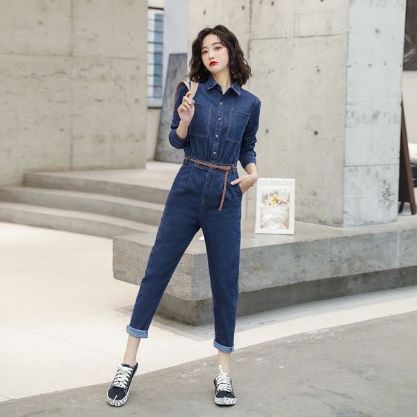 spring new women's fashion european and american wash jeans long sleeve handsome work style jeans jumpsuit, Black;white 
spring new women's fashion european and american wash jeans long sleeve handsome work style jeans jumpsuit, Black;white