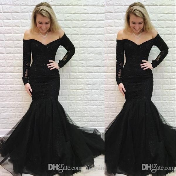 black mermaid evening dresses wear off shoulder lace appliques long sleeves tulle sweep train backless prom party gowns vestidos, Black;red
black mermaid evening dresses wear off shoulder lace appliques long sleeves tulle sweep train backless prom party gowns vestidos, Black;red