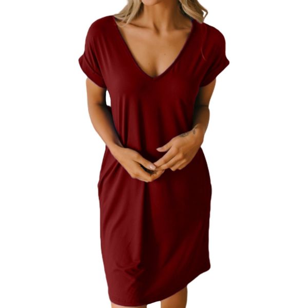 Fashion Casual Loose Plus Size Short Sleeve Solid V-Neck Women Dresses Pocket Dress for Women vestidos