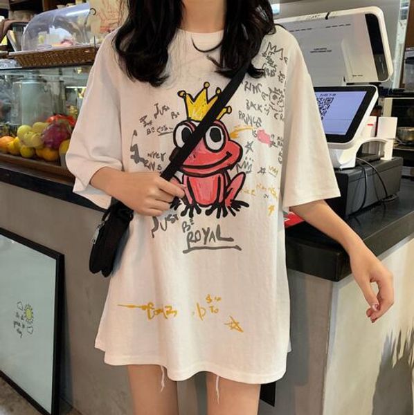 korea hong kong style summer women's korean version of the loose round neck printing crown frog head short-sleeved t-shirt, White
korea hong kong style summer women's korean version of the loose round neck printing crown frog head short-sleeved t-shirt, White