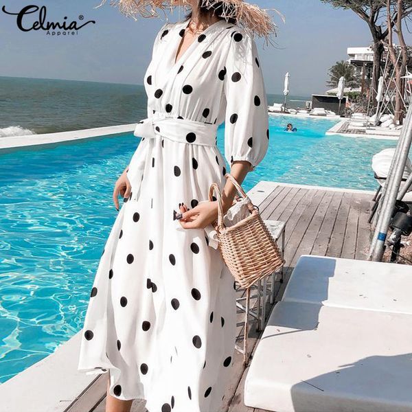 celmia women long maxi dress korean style v-neck summer bohemian sundress casual loose belt female dot print vestido plus size, Black;gray
celmia women long maxi dress korean style v-neck summer bohemian sundress casual loose belt female dot print vestido plus size, Black;gray