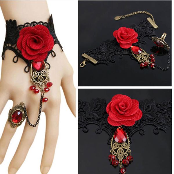 women gothic style lace red rose bracelet chain with adjustable finger ring xrq88, Golden;silver
women gothic style lace red rose bracelet chain with adjustable finger ring xrq88, Golden;silver
