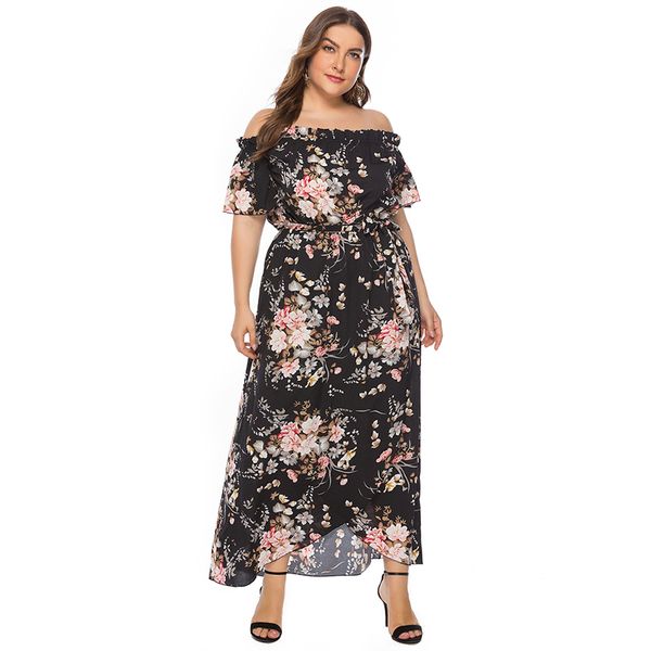 women plus size dress floral print off shoulder tied high waist large size ladies dress low high drape irregular hem party wear, Black;gray
women plus size dress floral print off shoulder tied high waist large size ladies dress low high drape irregular hem party wear, Black;gray