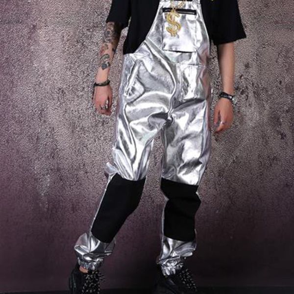 men streetwear hip hop punk silver leather overalls jumpsuit pant male women fashion casual bib pant harem trouser stage costume, Black
men streetwear hip hop punk silver leather overalls jumpsuit pant male women fashion casual bib pant harem trouser stage costume, Black