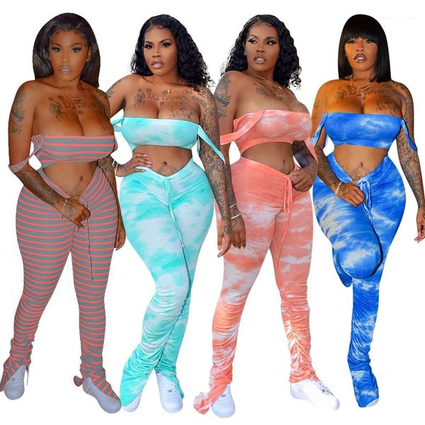 split two piece pants casual skinny flare suits tie dyed stacked pants matching sets off shoulder, White
