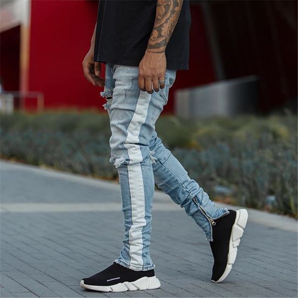 men hip hop kanye west slim knee ripped skinny jeans white strip patchwork hole destroyed streetwear ankle zipper denim pants, Blue
men hip hop kanye west slim knee ripped skinny jeans white strip patchwork hole destroyed streetwear ankle zipper denim pants, Blue