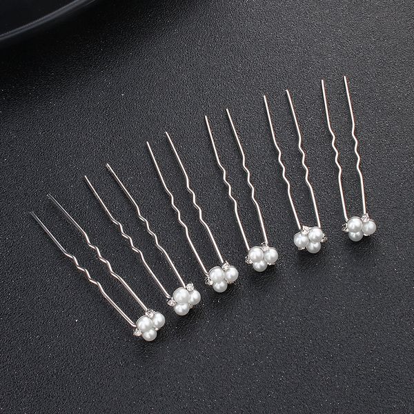 6-piece wedding banquet diy headdress handmade pearl rhinestone hair clip simple bride wedding tiara jewelry stick, Golden;white