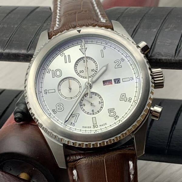aviator 8 b01 chronograph quartz battery rotating bezel contrasting subdials calendar white dial mens watches alligator strap wristwatches, Slivery;brown
aviator 8 b01 chronograph quartz battery rotating bezel contrasting subdials calendar white dial mens watches alligator strap wristwatches, Slivery;brown