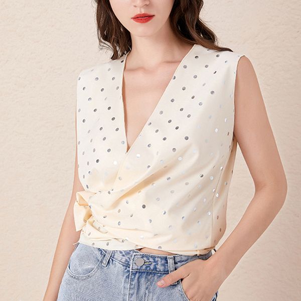 women casual dot printed blouse shirt elegant summer sleeveless blouse v-neck bowknot blusa streetwear, White
women casual dot printed blouse shirt elegant summer sleeveless blouse v-neck bowknot blusa streetwear, White